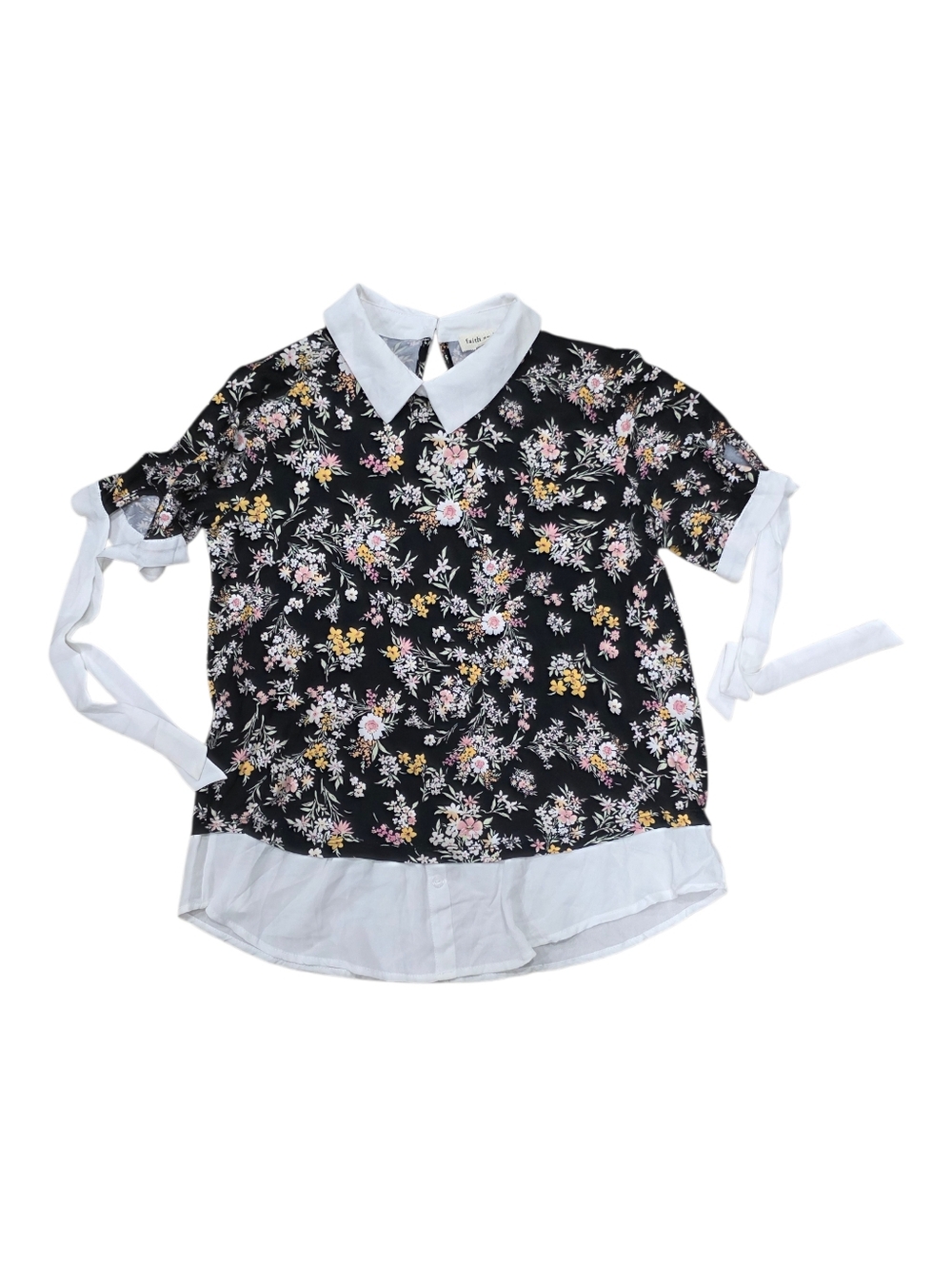 Faith And Joy Black Floral Collared Top With White Trim And Tie Sleeves S